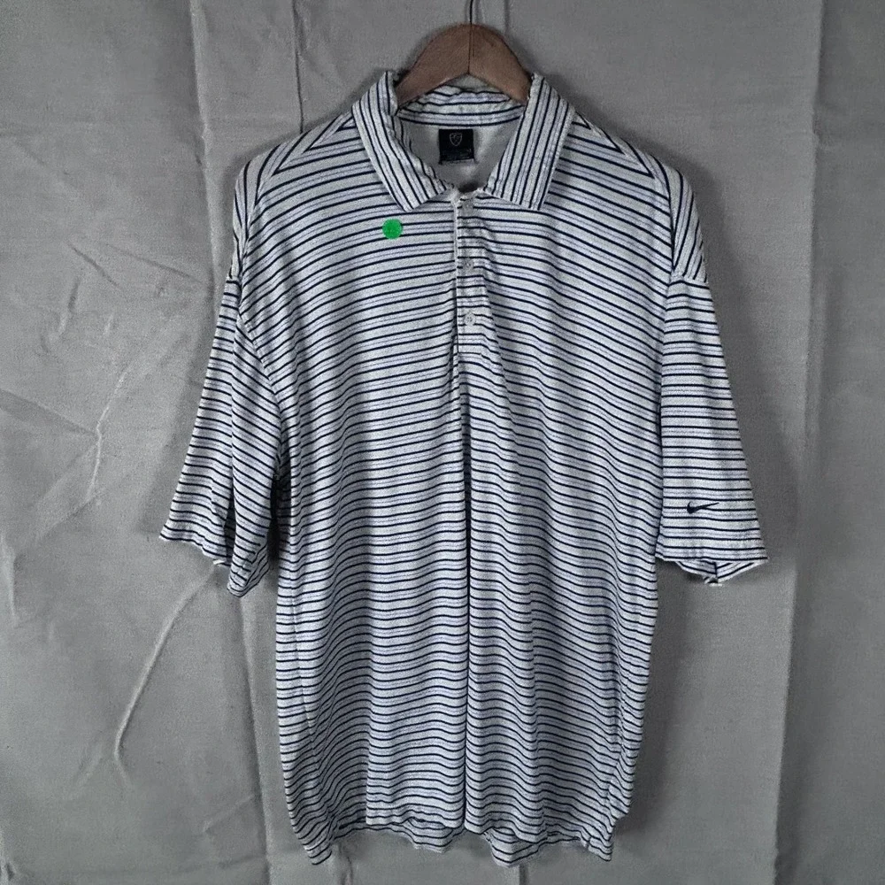 Nike Golf Mens Large White Blue Striped Dri-Fit‎ UV Polo Shirt Short Sleeve L
